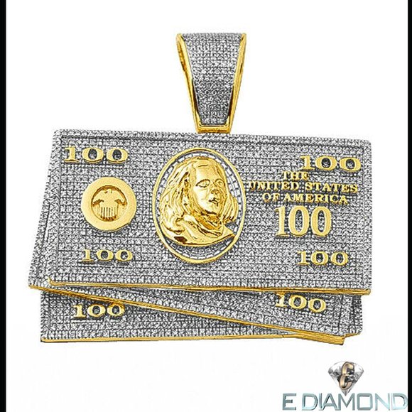 10 K Solid Gold Natural Diamond $100 Money Stack Pendant 1.00 Carats Hip Hop